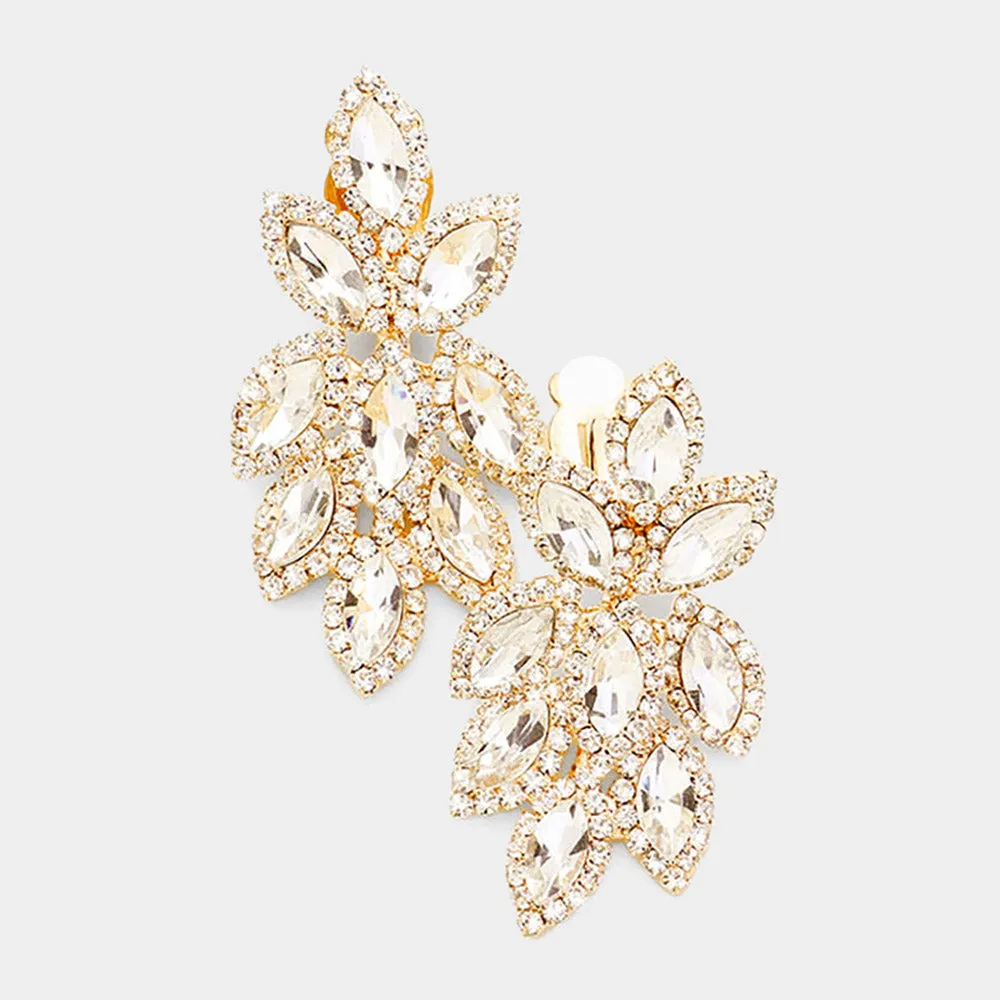 Clear Crystal Rhinestone Oval Cluster Clip On Earrings on Gold | 418307