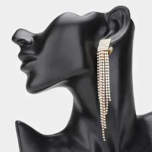 Clear Rhinestone Pave Fringe Clip On Pageant Earrings On Gold | Clip On Rhinestone Fashion Earrings |  627815