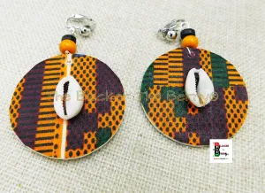 Clip On Earrings African Jewelry Cowrie Ankara Handmade Black Owned Wooden