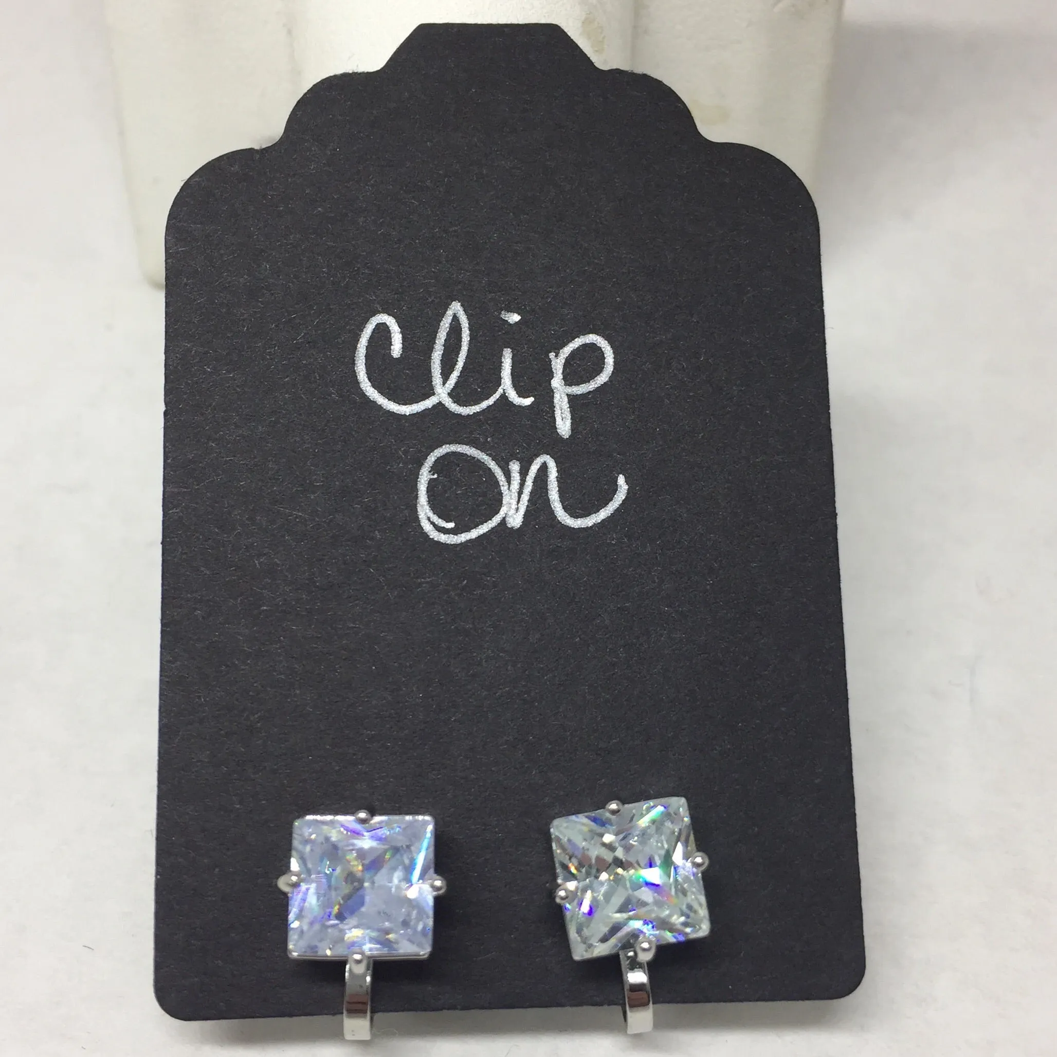 Clip On Earrings: Clear Crystal Cubes Silver