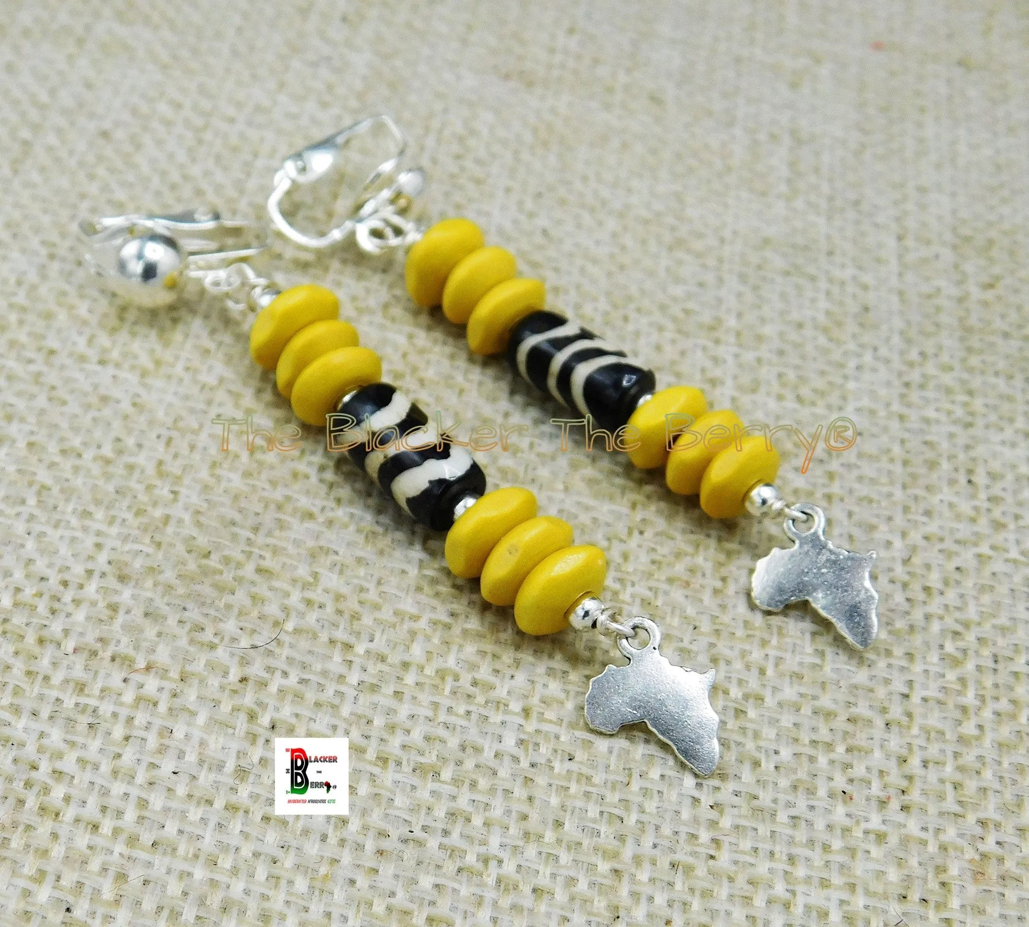 Cowrie Clip On Earring Beaded Yellow Jewelry Women Ethnic Silver Africa Handmade