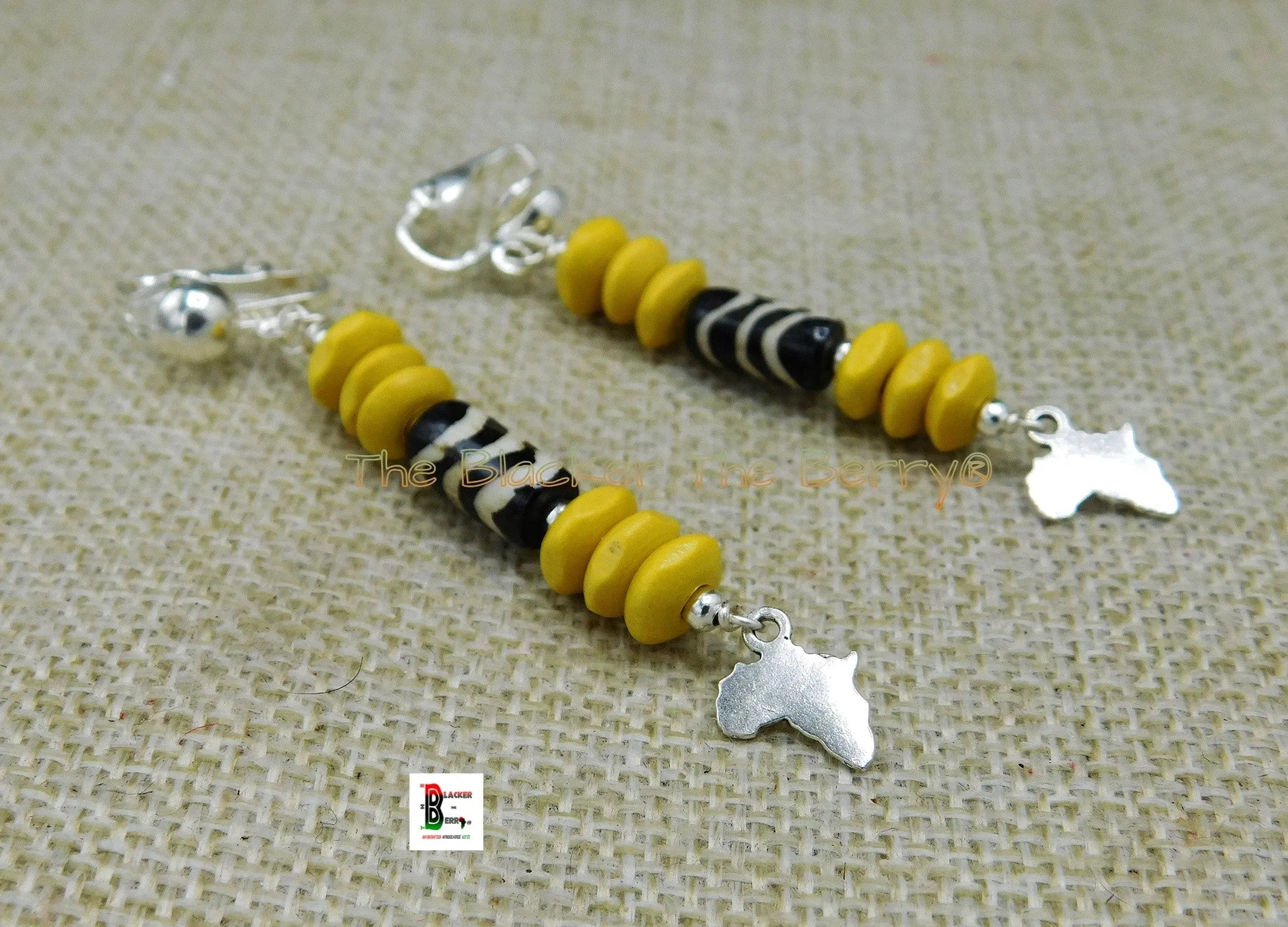Cowrie Clip On Earring Beaded Yellow Jewelry Women Ethnic Silver Africa Handmade