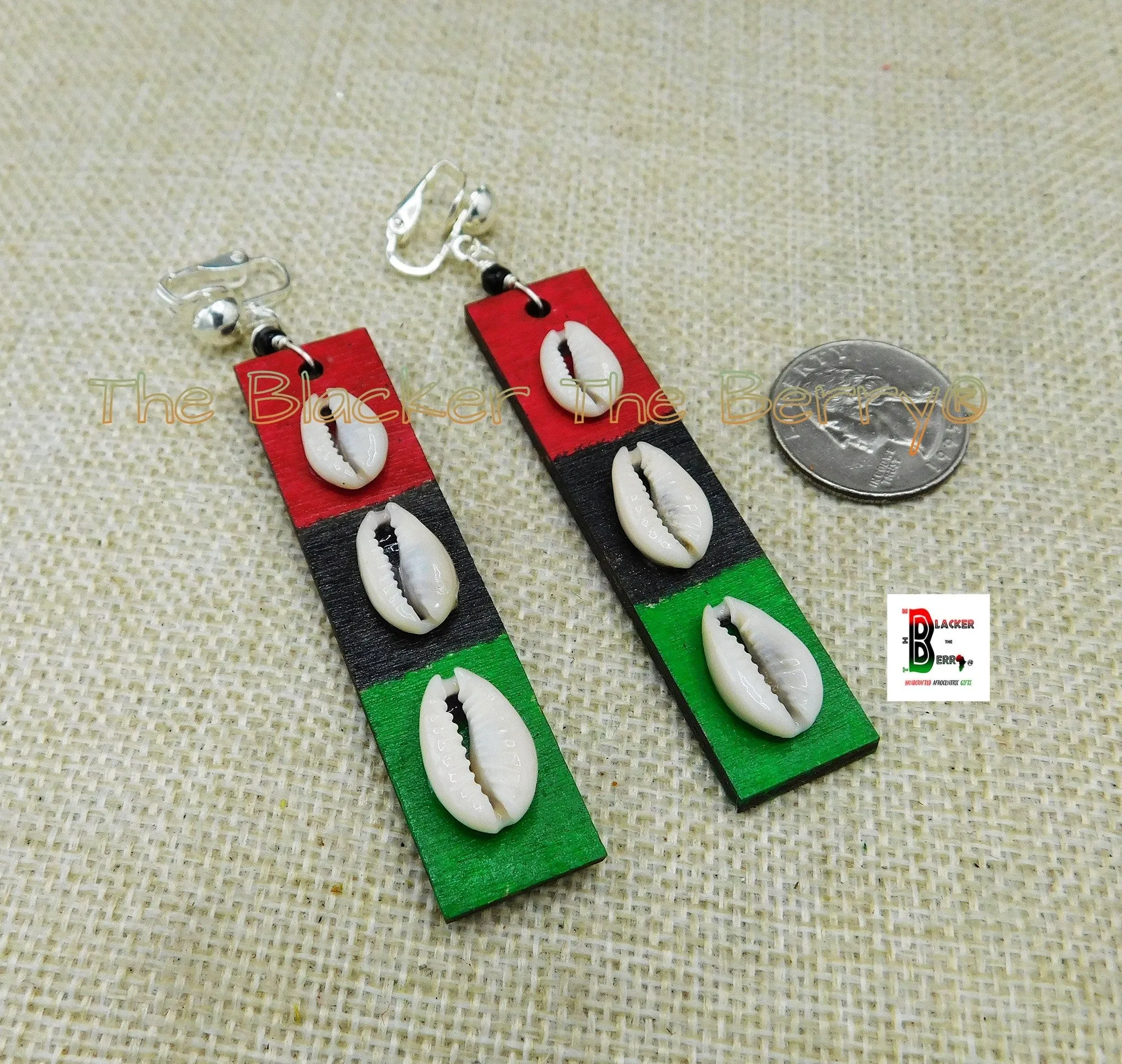 Cowrie Clip On Earrings Handmade RBG Hand Painted Pan African