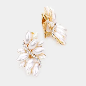 Cream Pearl and Rhinestone Earrings on Gold  | Clip On | 489783