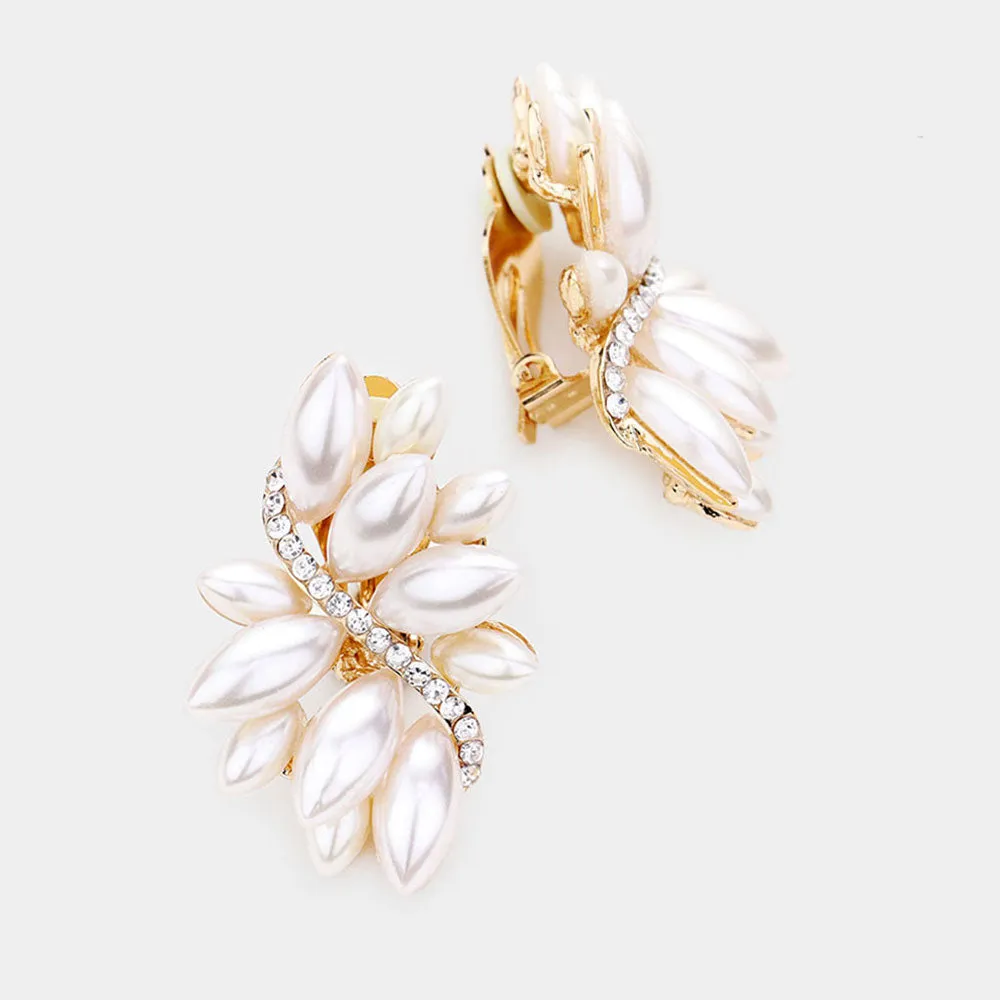 Cream Pearl and Rhinestone Earrings on Gold  | Clip On | 489783