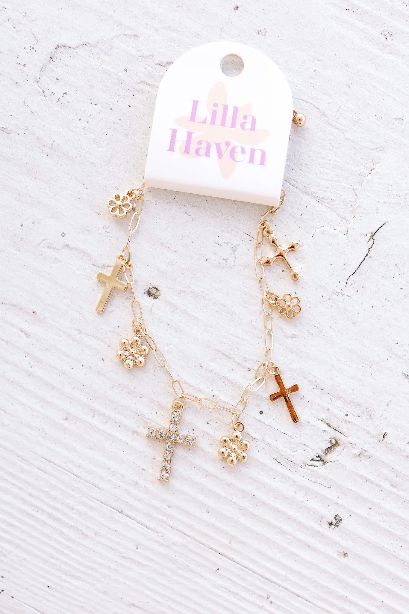 Cross and Floral Pendants Charm Bracelet
