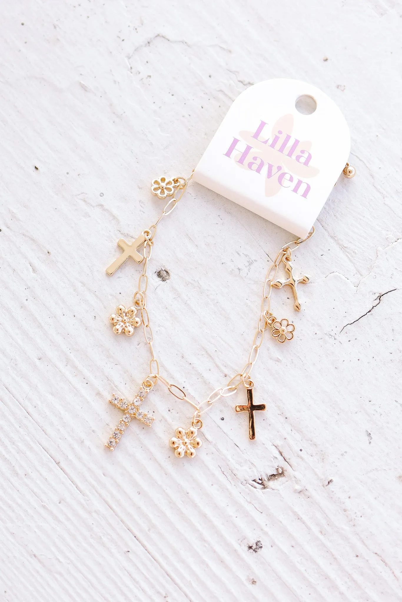 Cross and Floral Pendants Charm Bracelet