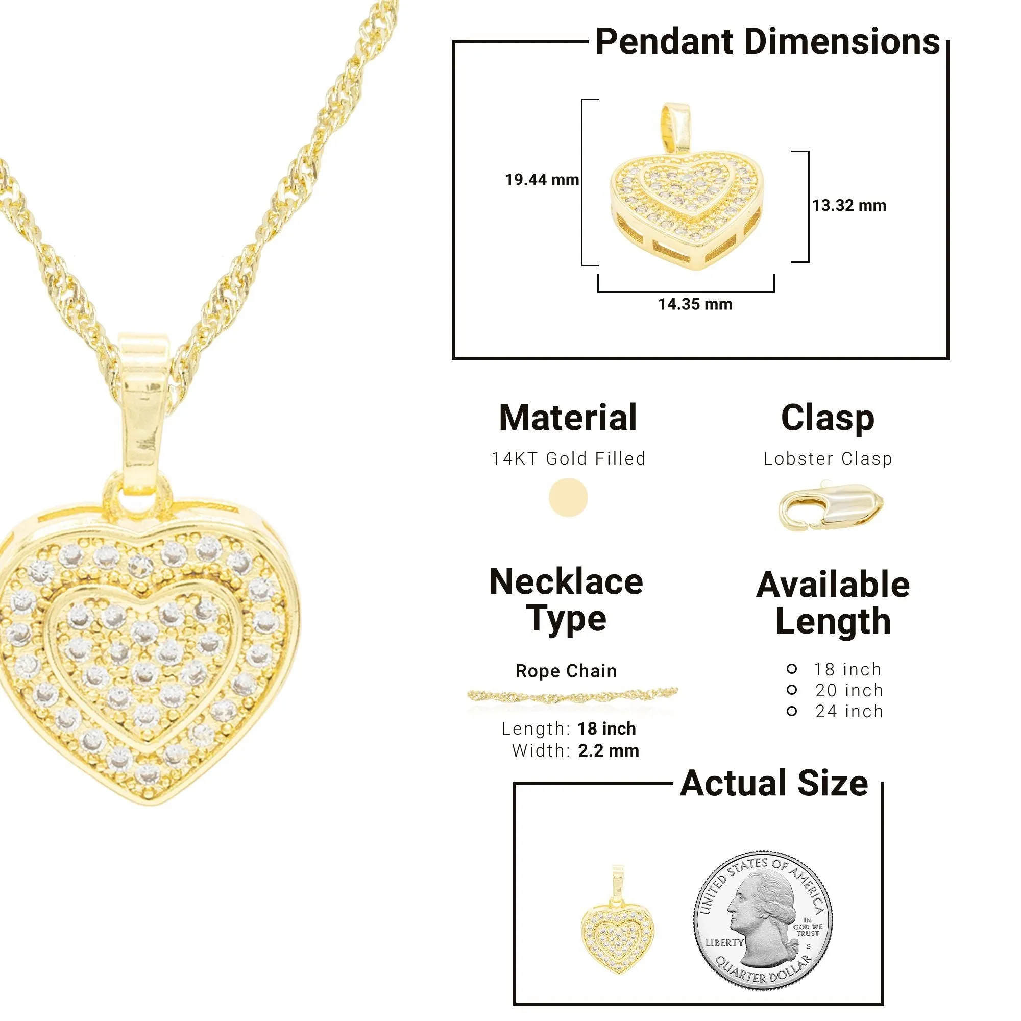 Cubic Zirconia 14K Gold Filled Two-Ply Heart Pendant Necklace Set