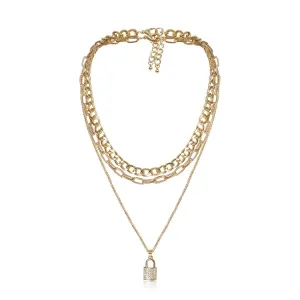 Cubic Zirconia & 18K Gold-Plated Lock Pendant Necklace Set