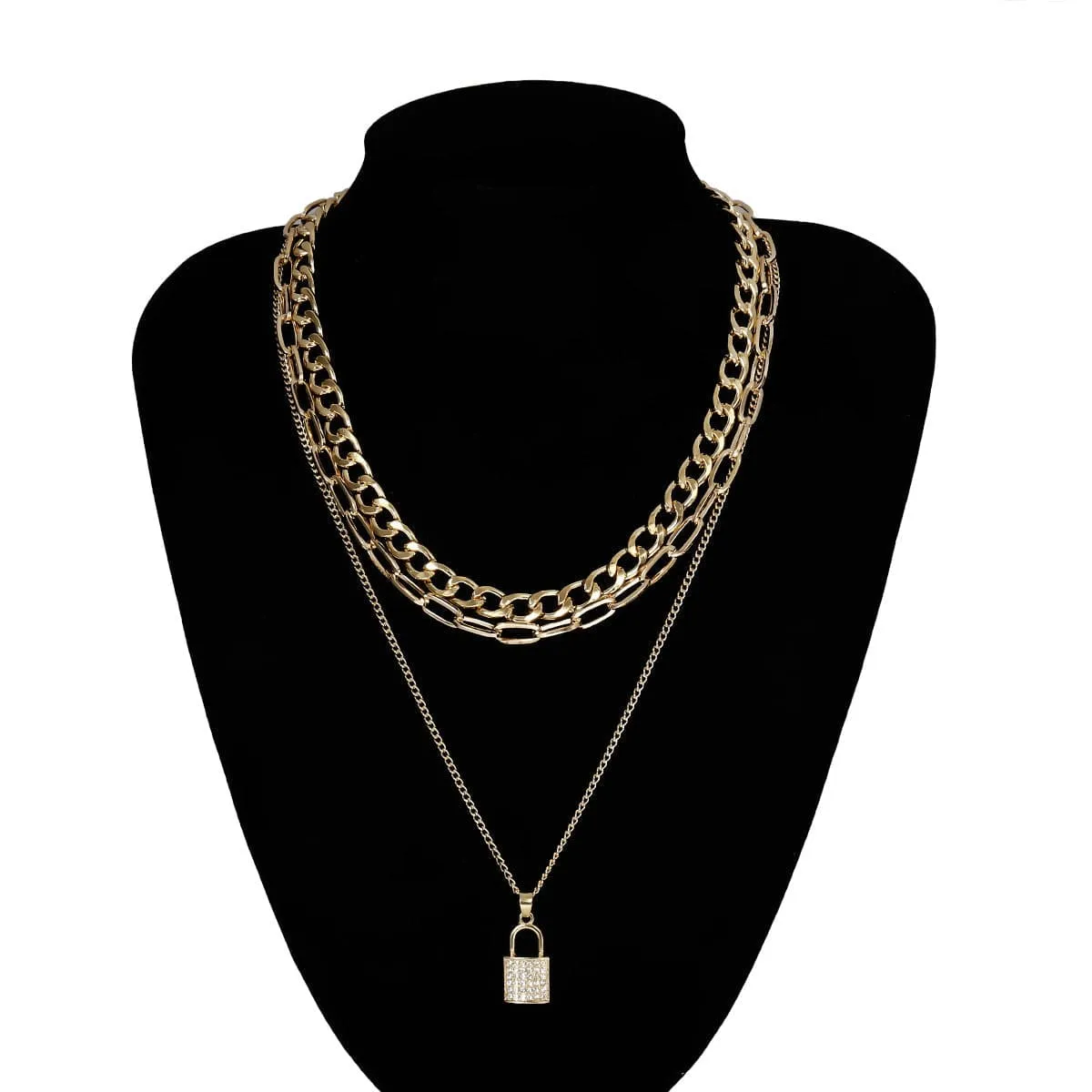 Cubic Zirconia & 18K Gold-Plated Lock Pendant Necklace Set