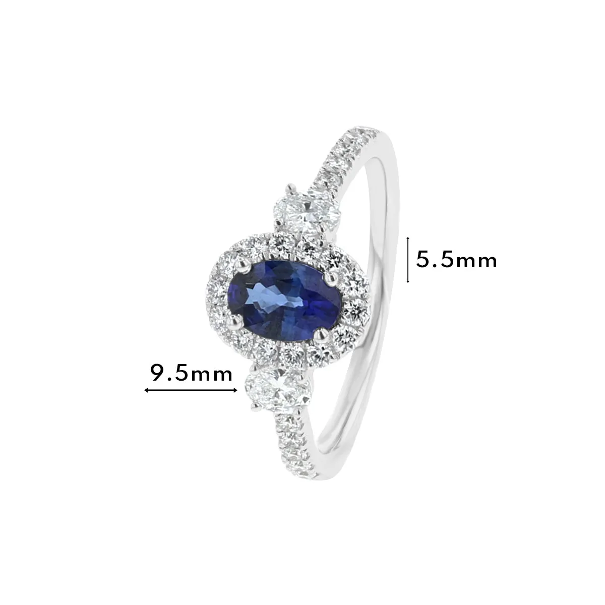 Diamond & Sapphire Three Stone Oval Halo Shaped Ring