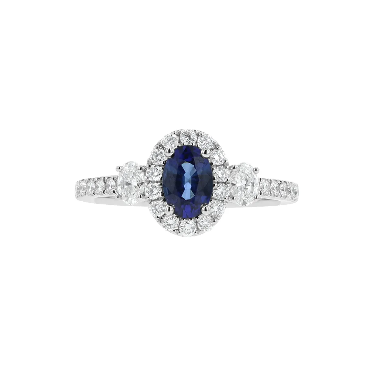 Diamond & Sapphire Three Stone Oval Halo Shaped Ring