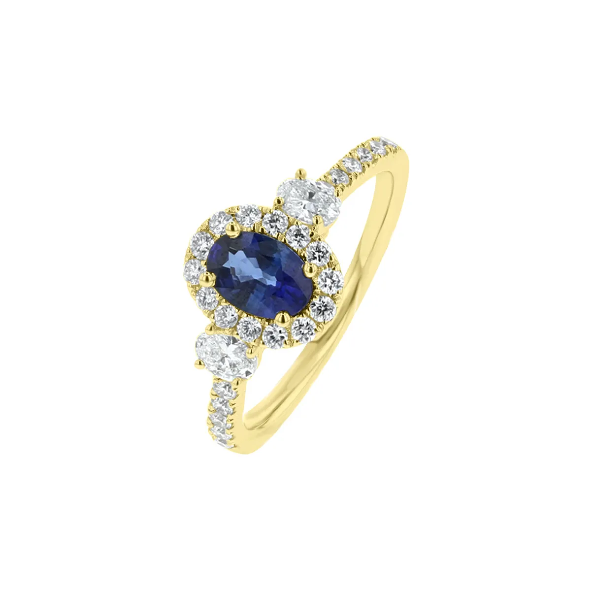 Diamond & Sapphire Three Stone Oval Halo Shaped Ring