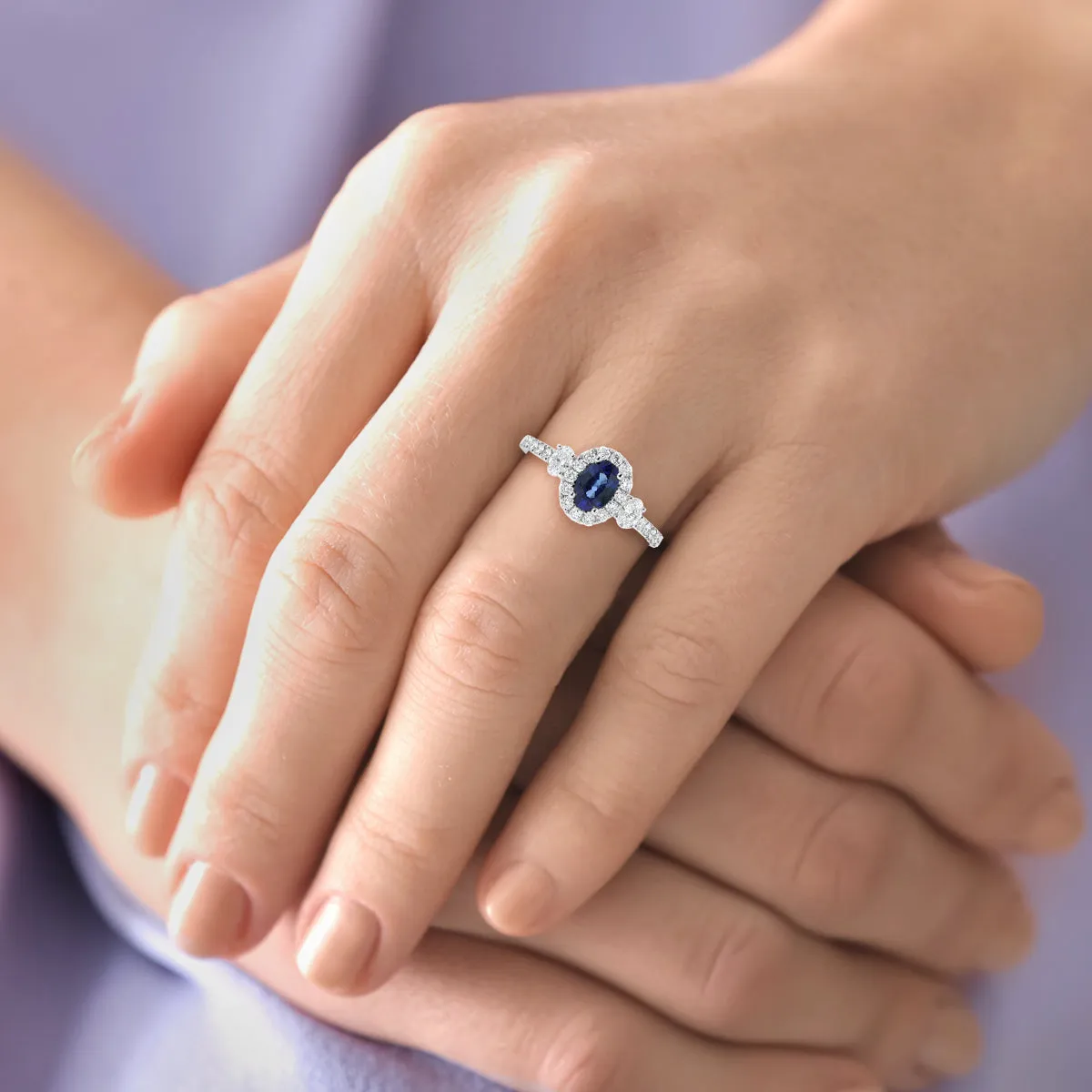 Diamond & Sapphire Three Stone Oval Halo Shaped Ring