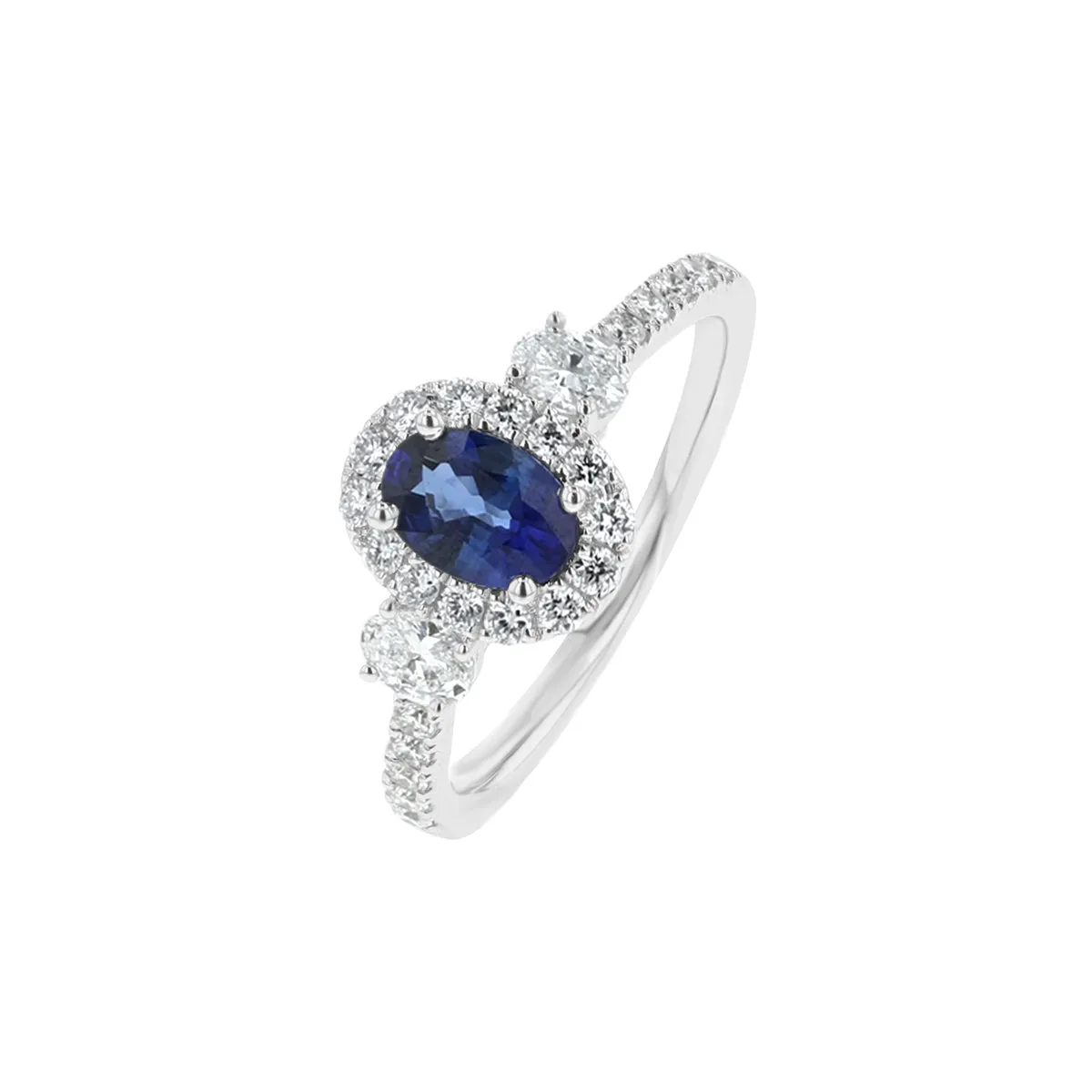 Diamond & Sapphire Three Stone Oval Halo Shaped Ring