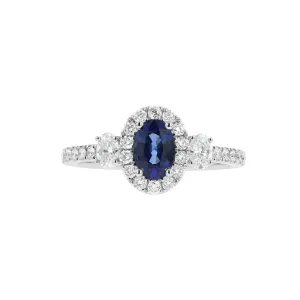 Diamond & Sapphire Three Stone Oval Halo Shaped Ring