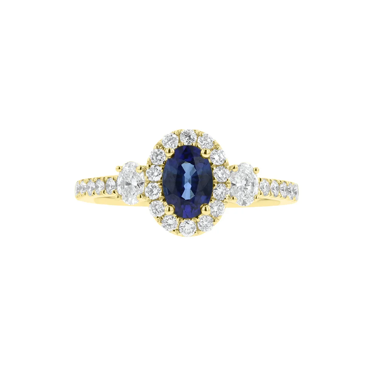 Diamond & Sapphire Three Stone Oval Halo Shaped Ring
