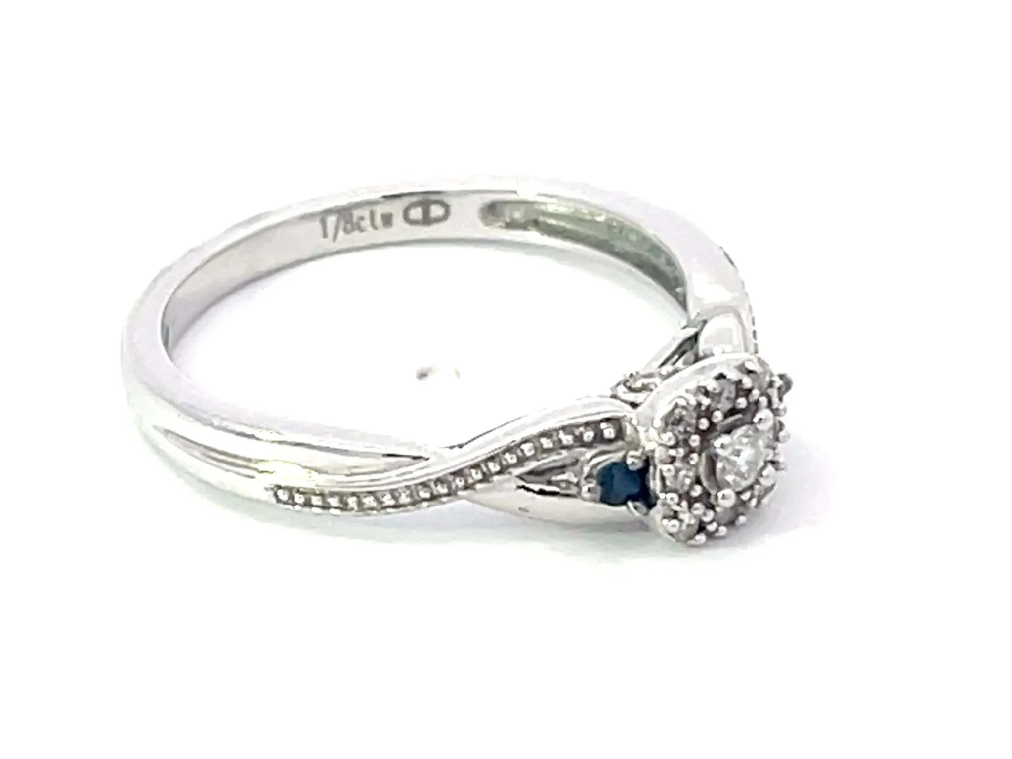 Diamond Halo and Sapphire Ring in 10k White Gold