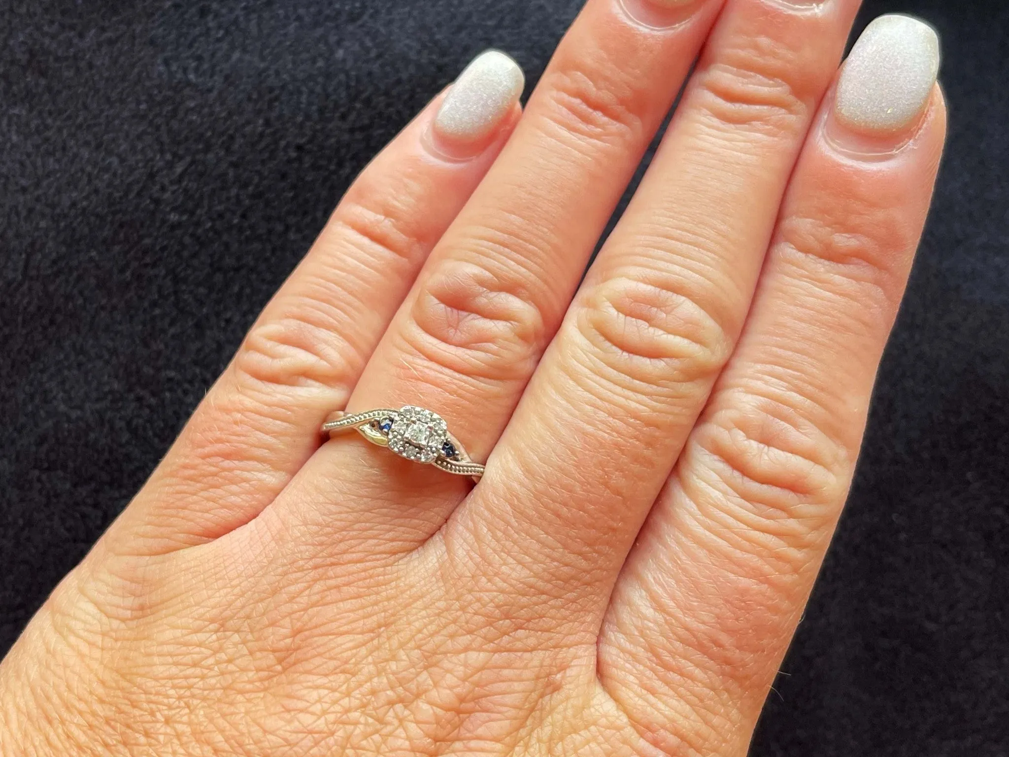 Diamond Halo and Sapphire Ring in 10k White Gold