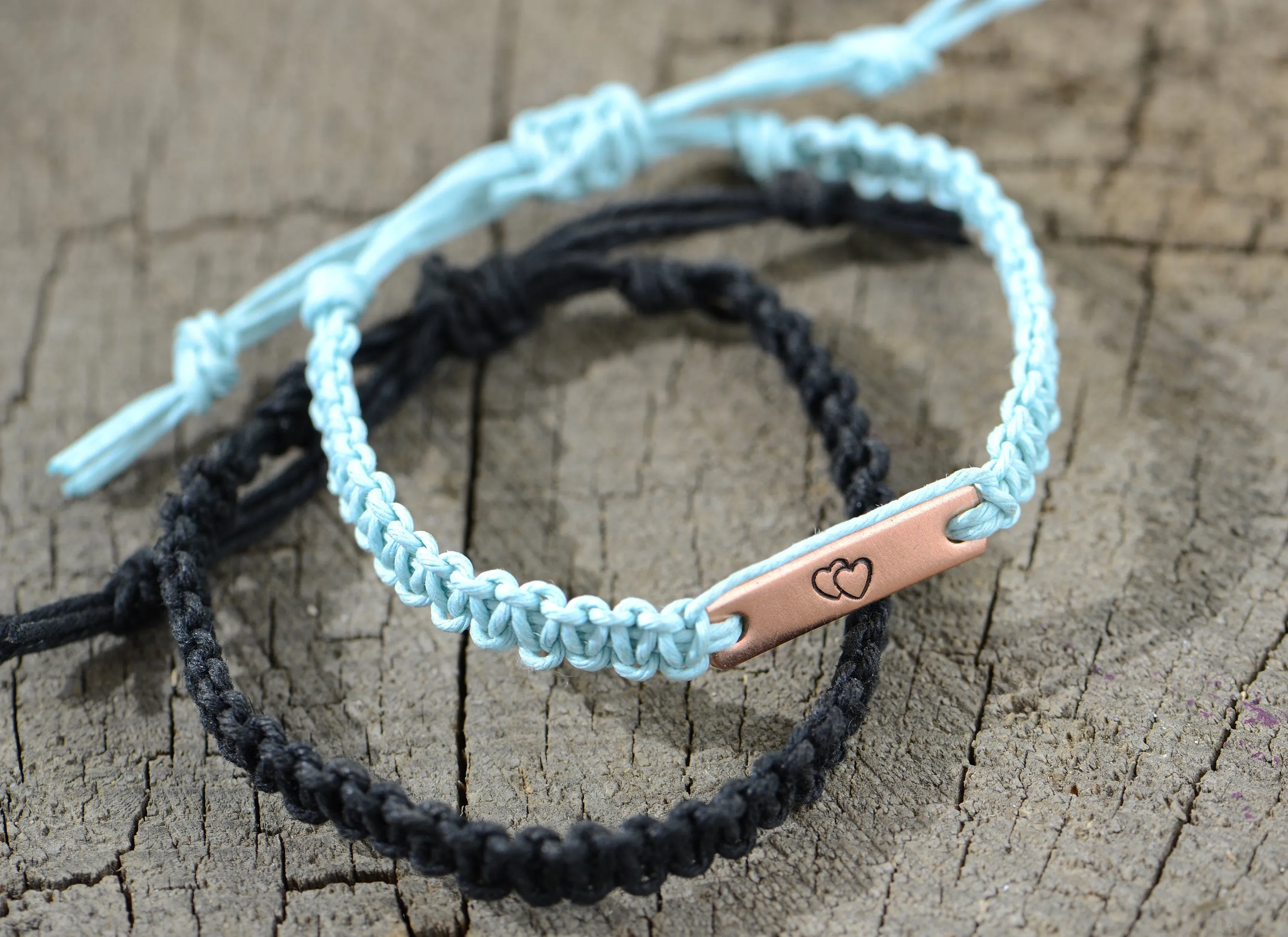 Double Heart Copper Tag and Simple Hemp Couples Bracelets