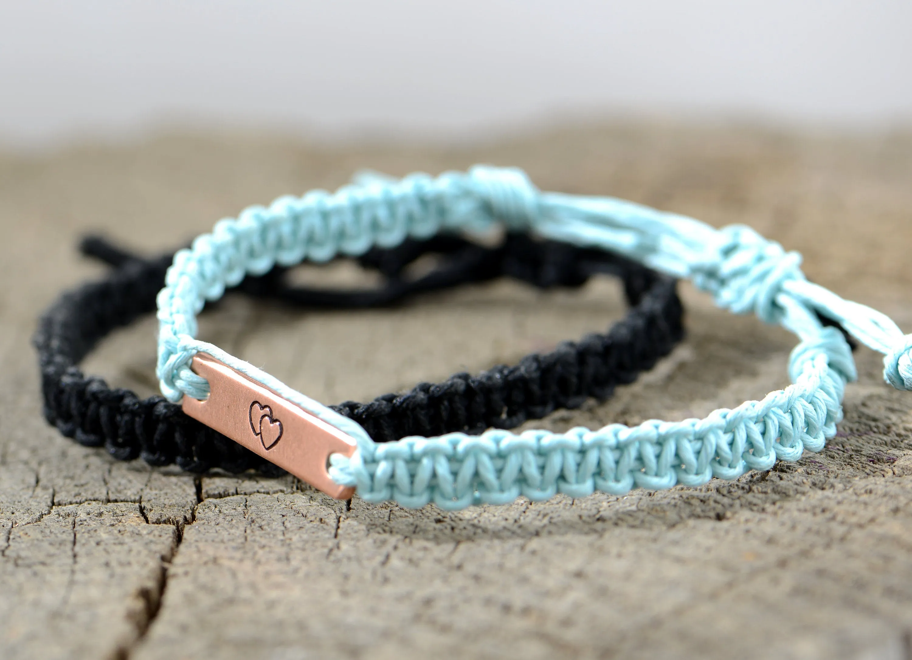 Double Heart Copper Tag and Simple Hemp Couples Bracelets