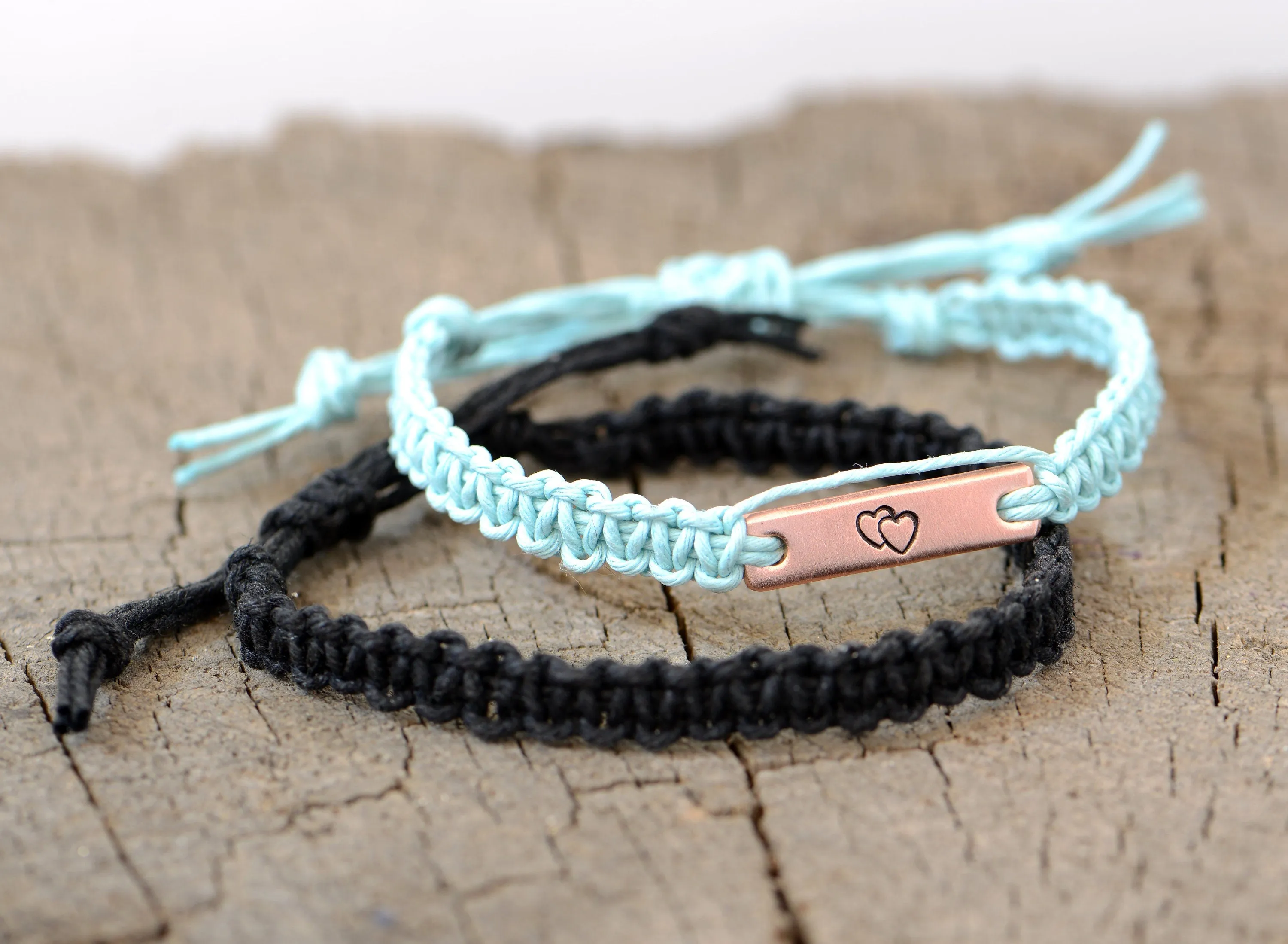 Double Heart Copper Tag and Simple Hemp Couples Bracelets