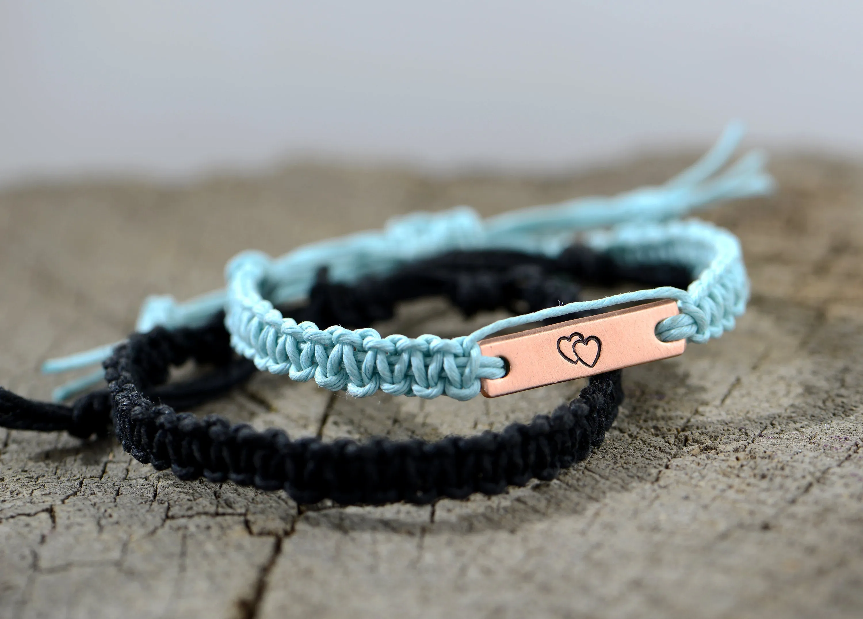 Double Heart Copper Tag and Simple Hemp Couples Bracelets