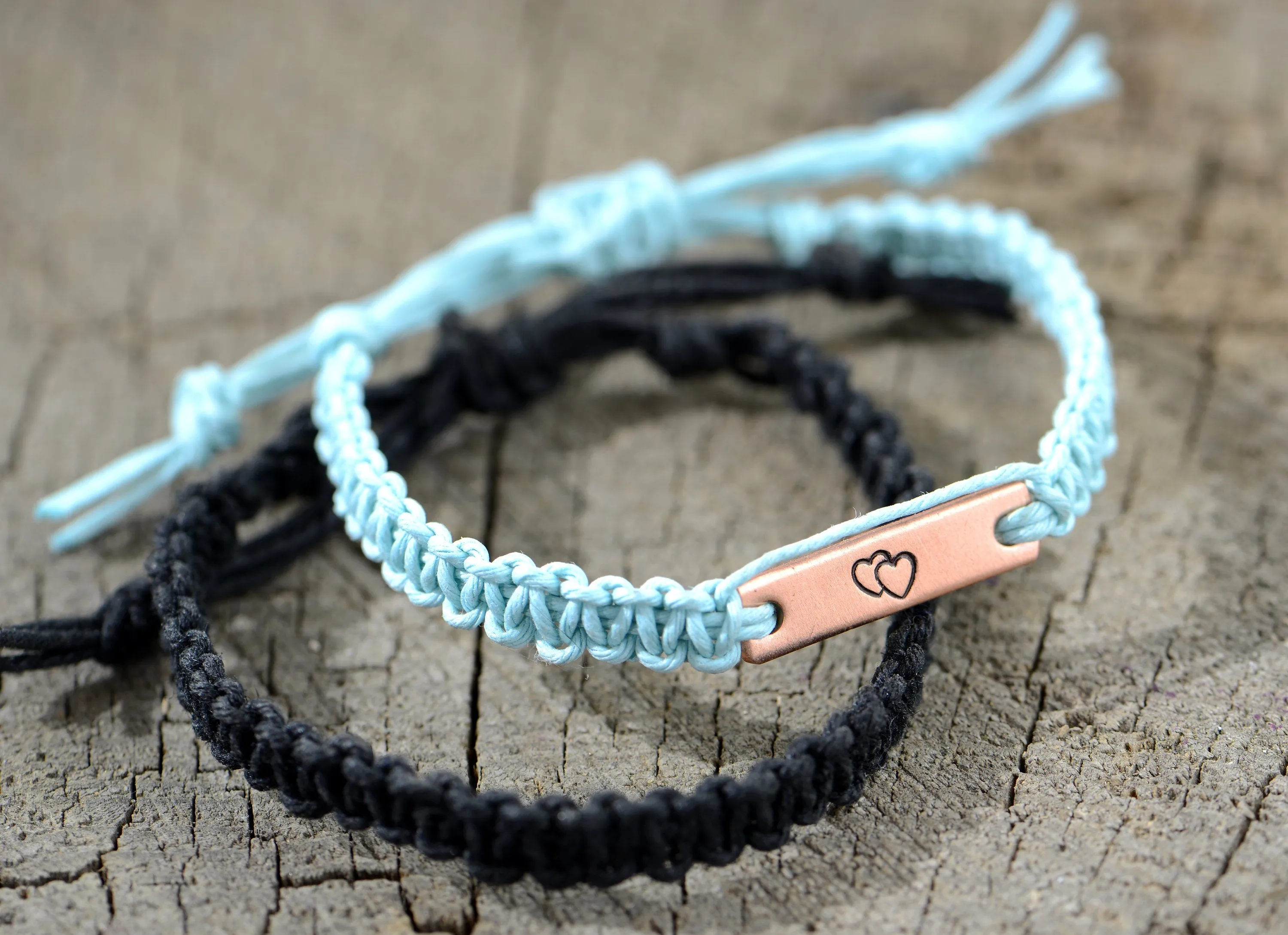 Double Heart Copper Tag and Simple Hemp Couples Bracelets