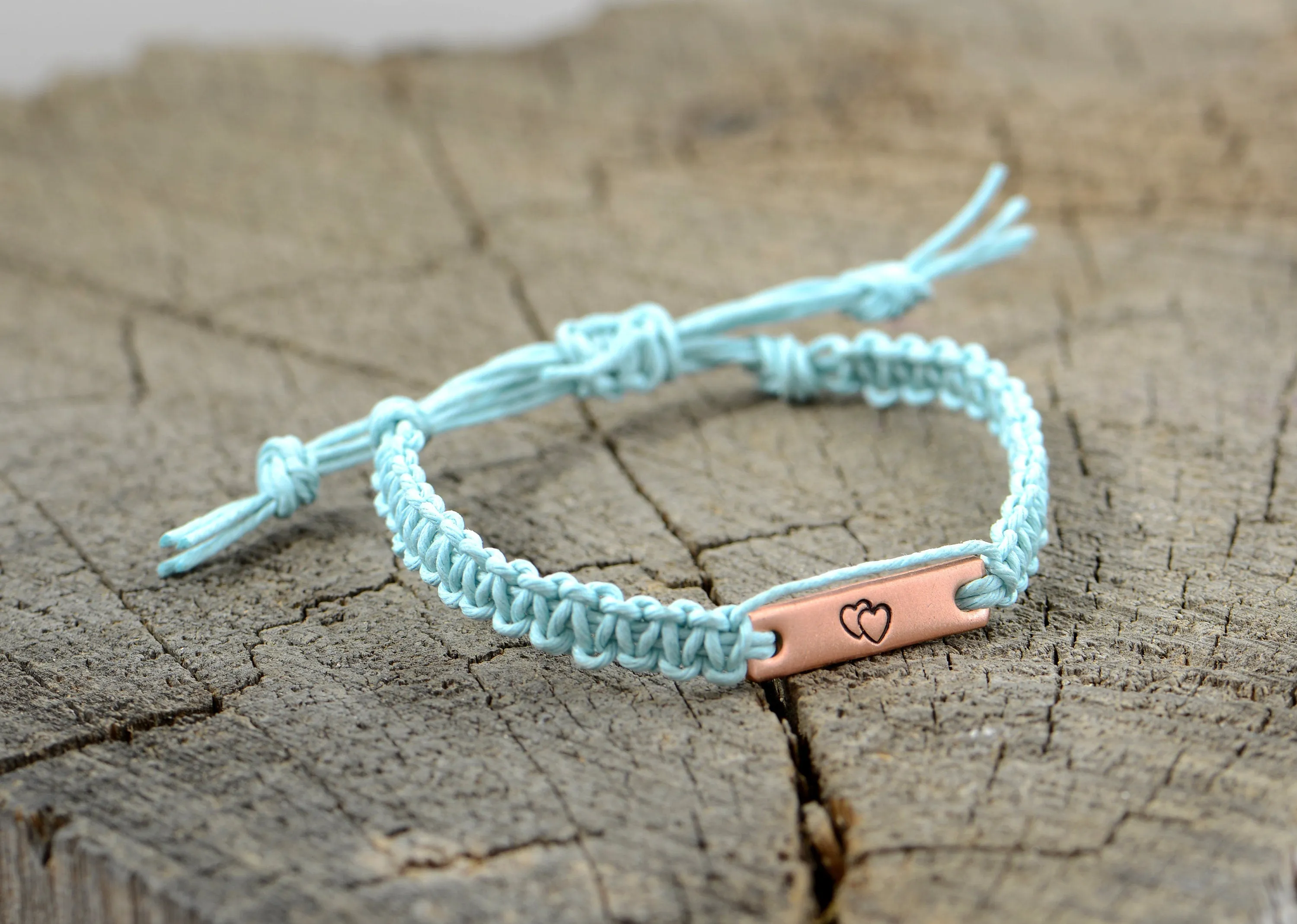 Double Heart Copper Tag Hemp Bracelet or Anklet