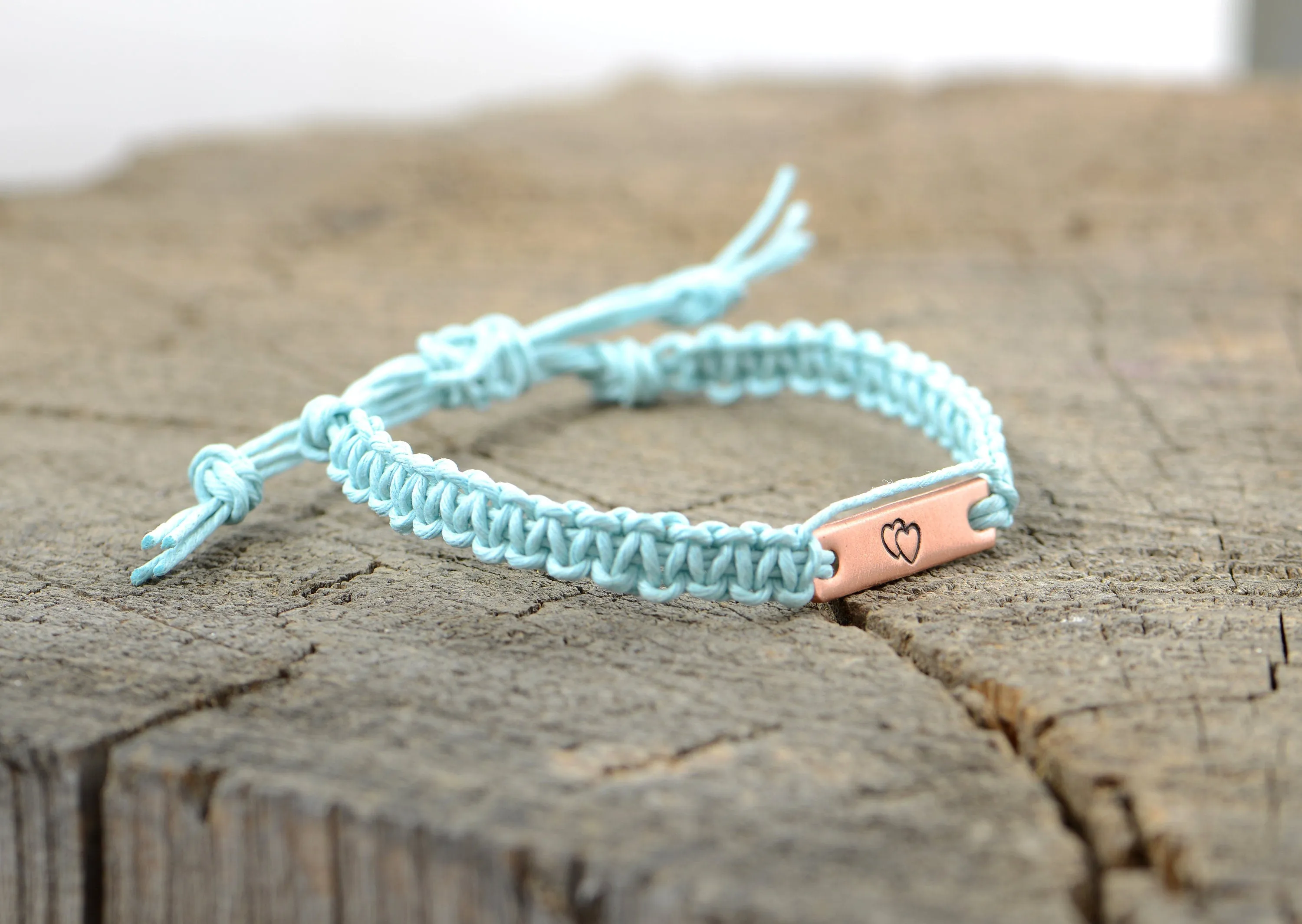 Double Heart Copper Tag Hemp Bracelet or Anklet