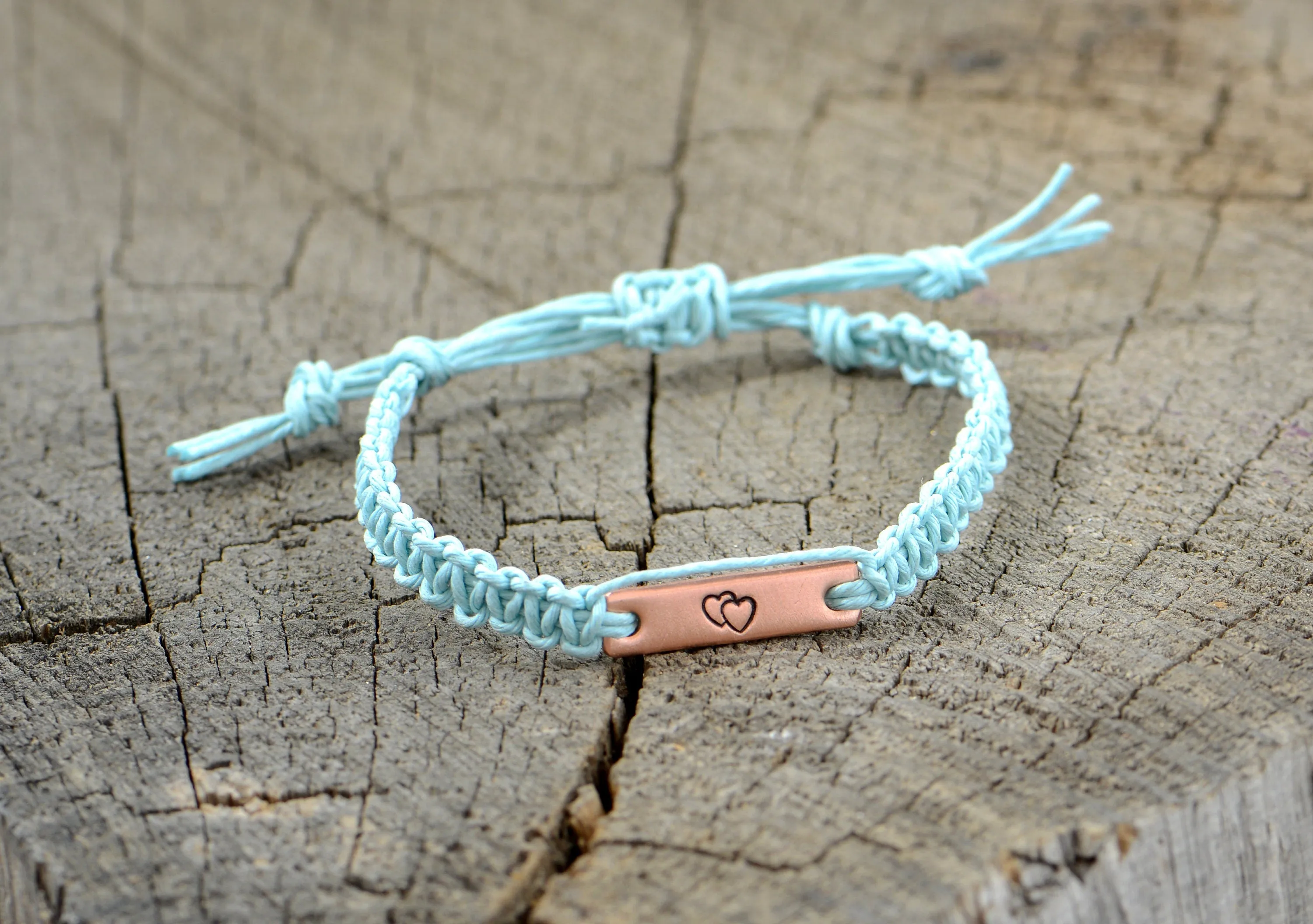 Double Heart Copper Tag Hemp Bracelet or Anklet