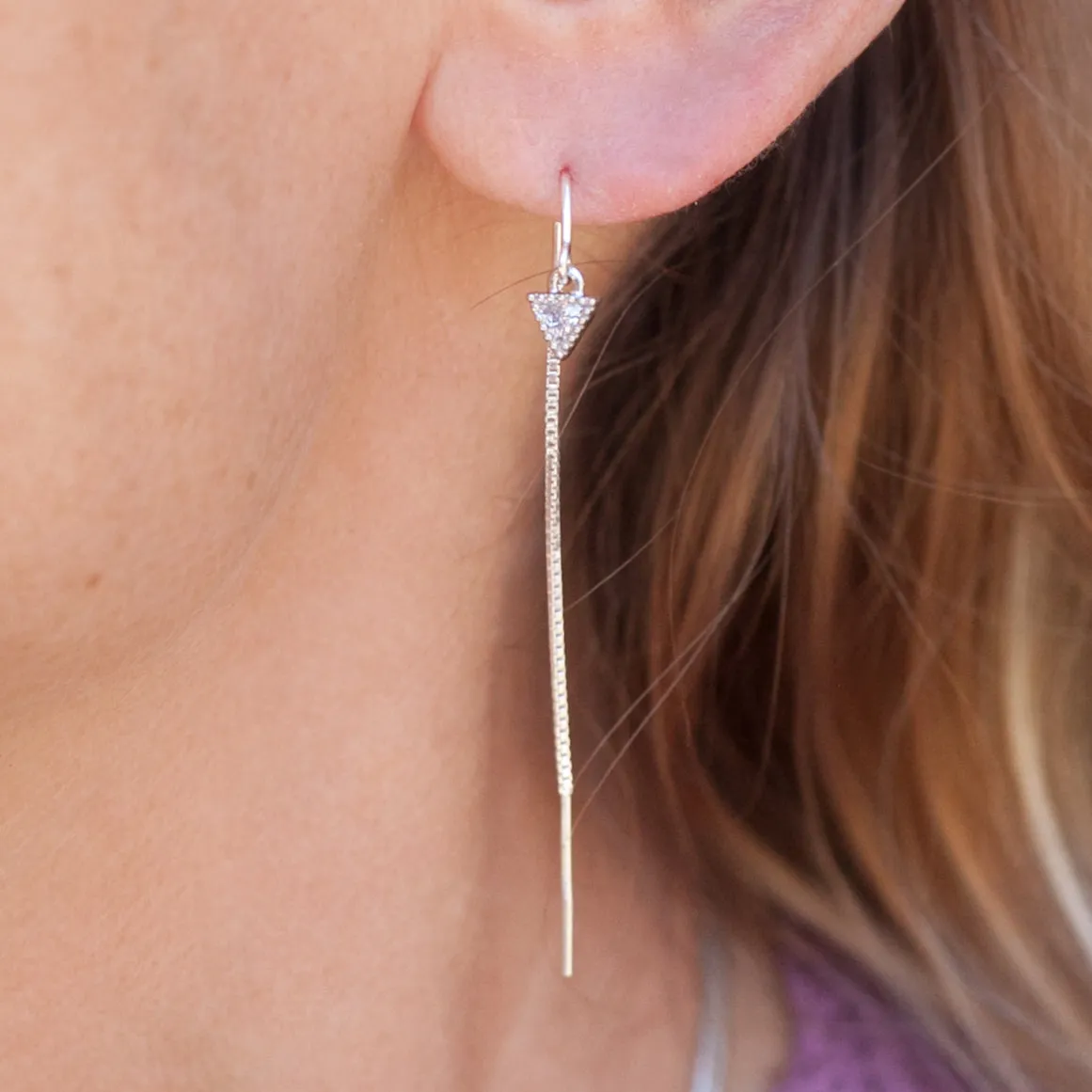 Earring Threader Sterling Silver with Triangle Cubic Zirconia Inlay (Short)