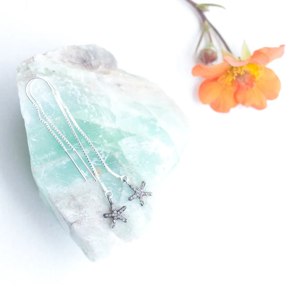 Earring Threader with Diamond Starfish in Sterling Silver Pave Setting