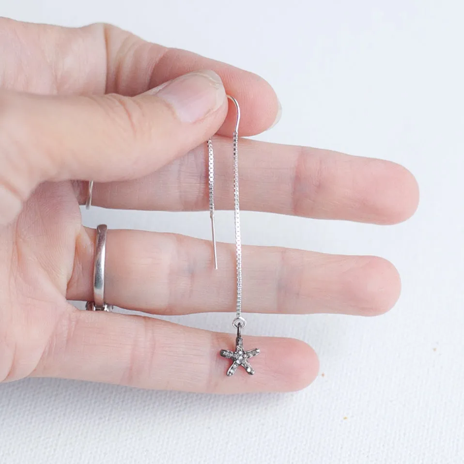 Earring Threader with Diamond Starfish in Sterling Silver Pave Setting