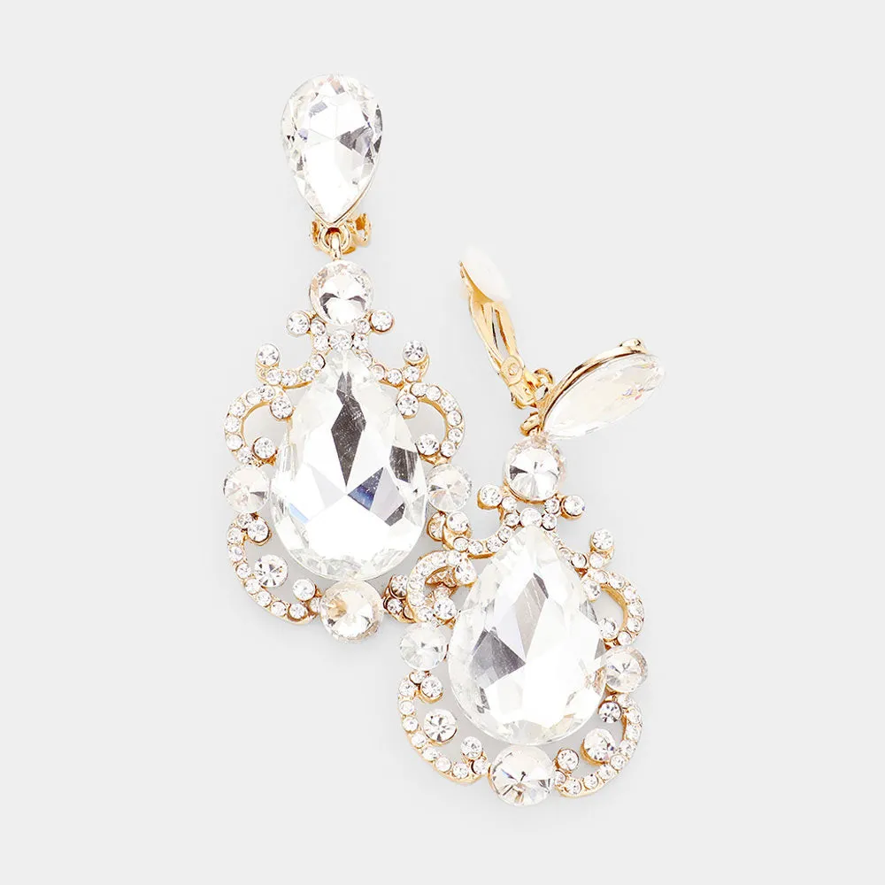 Elegant Clear Crystal Teardrop Dangle Clip On Earrings on Gold  | 462667