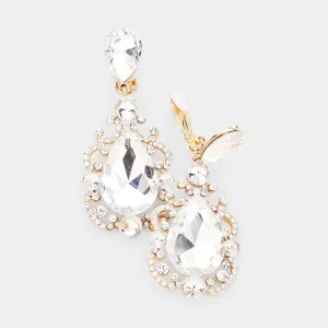 Elegant Clear Crystal Teardrop Dangle Clip On Earrings on Gold  | 462667