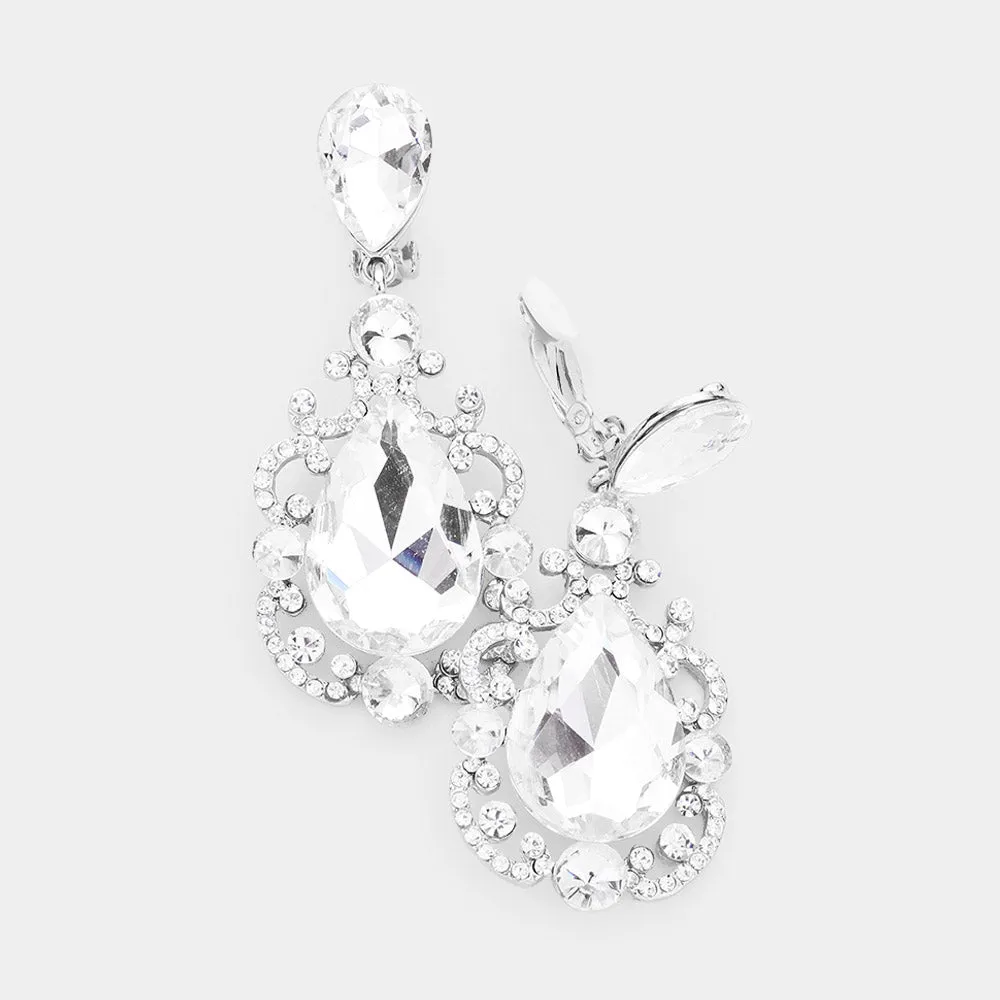 Elegant Clear Crystal Teardrop Dangle Clip On Earrings on Silver  | 462672