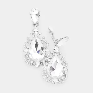 Elegant Clear Crystal Teardrop Dangle Clip On Earrings on Silver  | 462672