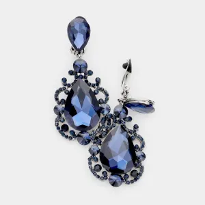 Elegant Navy Crystal Teardrop Dangle Clip On Earrings  | 462666