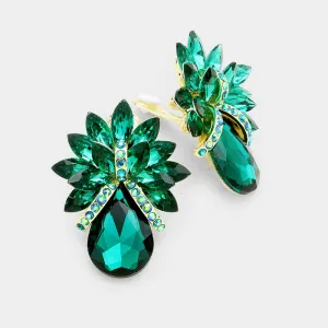 Emerald Crystal Petal Teardrop Clip On Pageant Earrings  | Prom Earrings | 253201