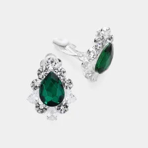 Emerald Teardrop Stone Surrounded by Crystal Bubble Stone Clip On Earrings  | Interview Earrings |  532576