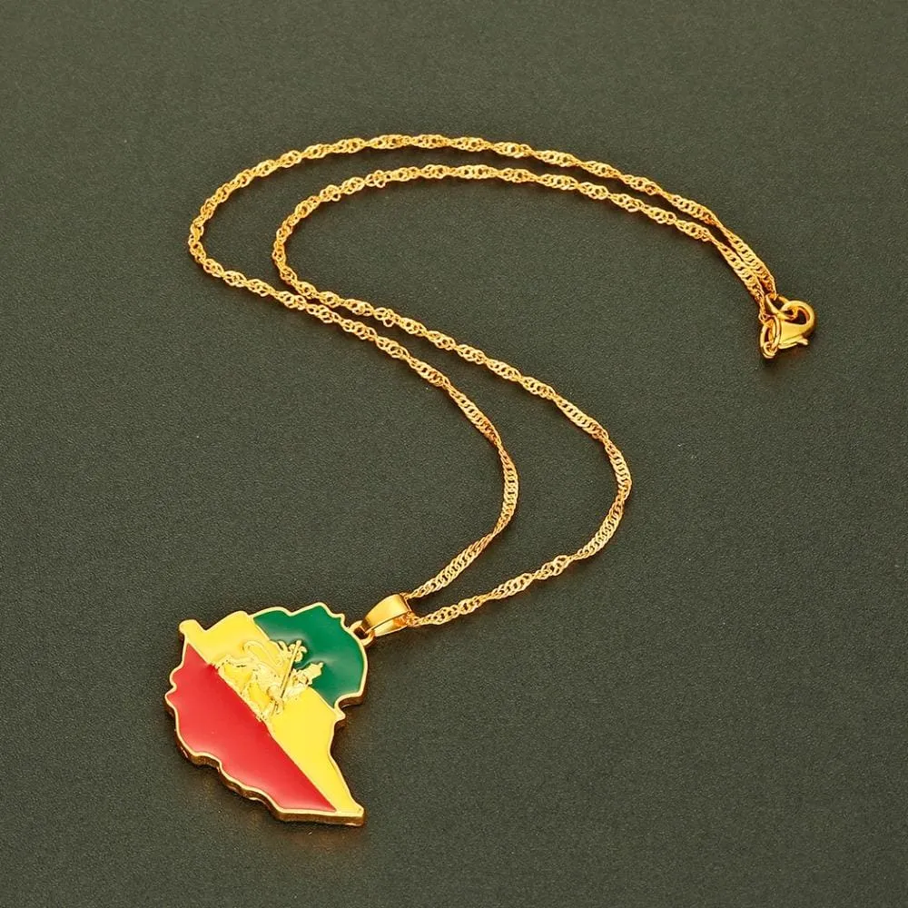 Ethiopian Flag & Lion Map Pendant