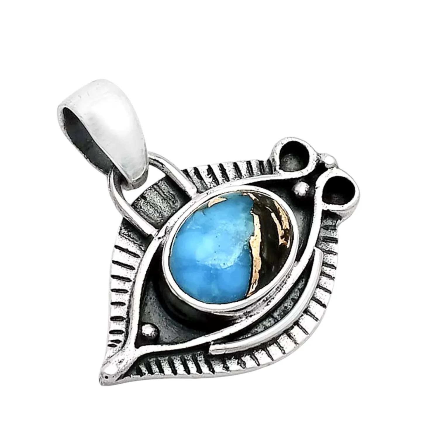 EYE Black Shell in Blue copper Turquoise Solid 925 Sterling Silver Pendant