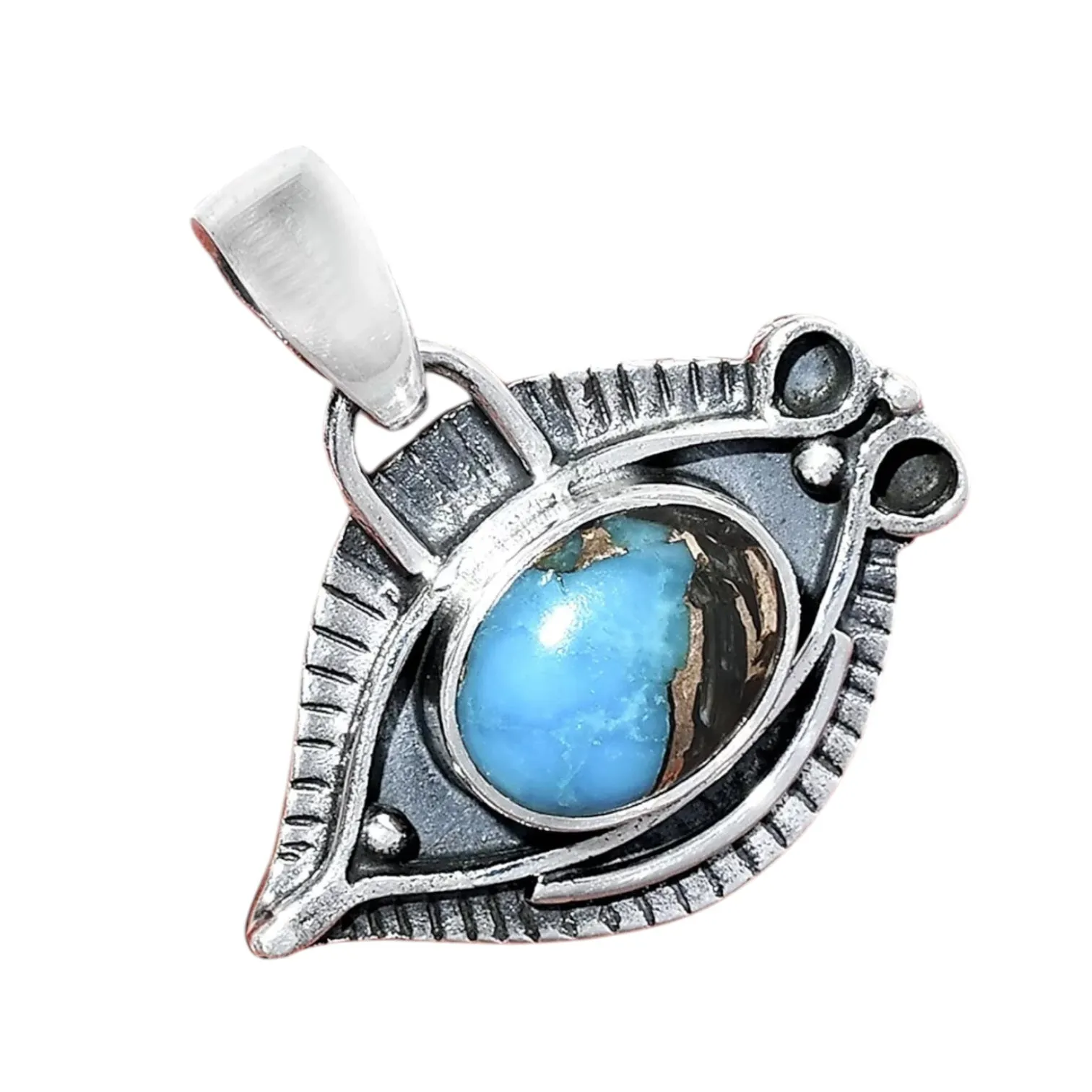 EYE Black Shell in Blue copper Turquoise Solid 925 Sterling Silver Pendant