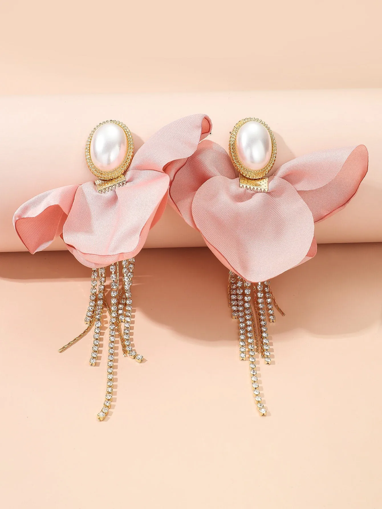 Fabric Flower Decor Rhinestone Tassel Drop Earrings - Pink