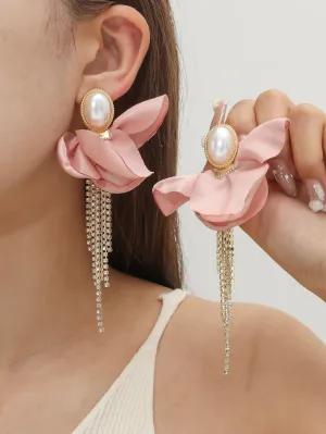 Fabric Flower Decor Rhinestone Tassel Drop Earrings - Pink