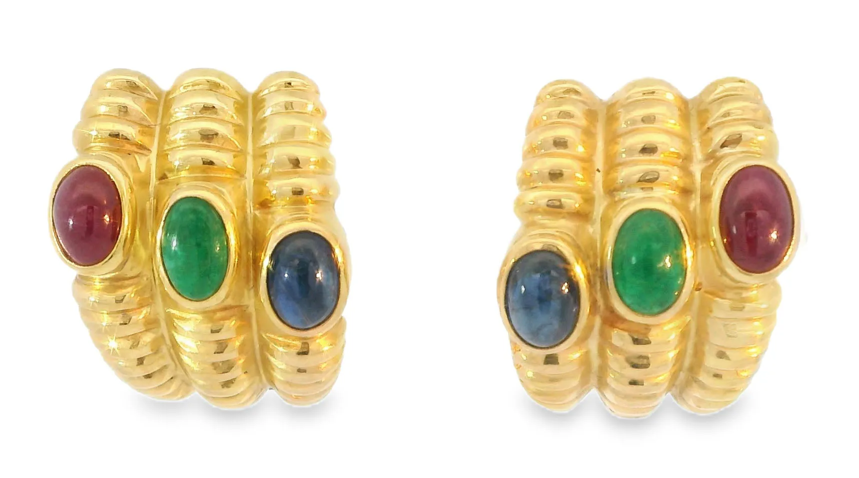Fabulous 14K Yellow Gold Cabochon Emerald Sapphire Ruby Clip-On Earring