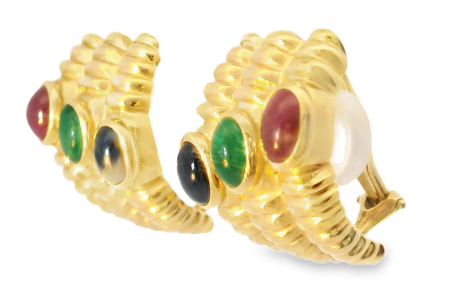 Fabulous 14K Yellow Gold Cabochon Emerald Sapphire Ruby Clip-On Earring