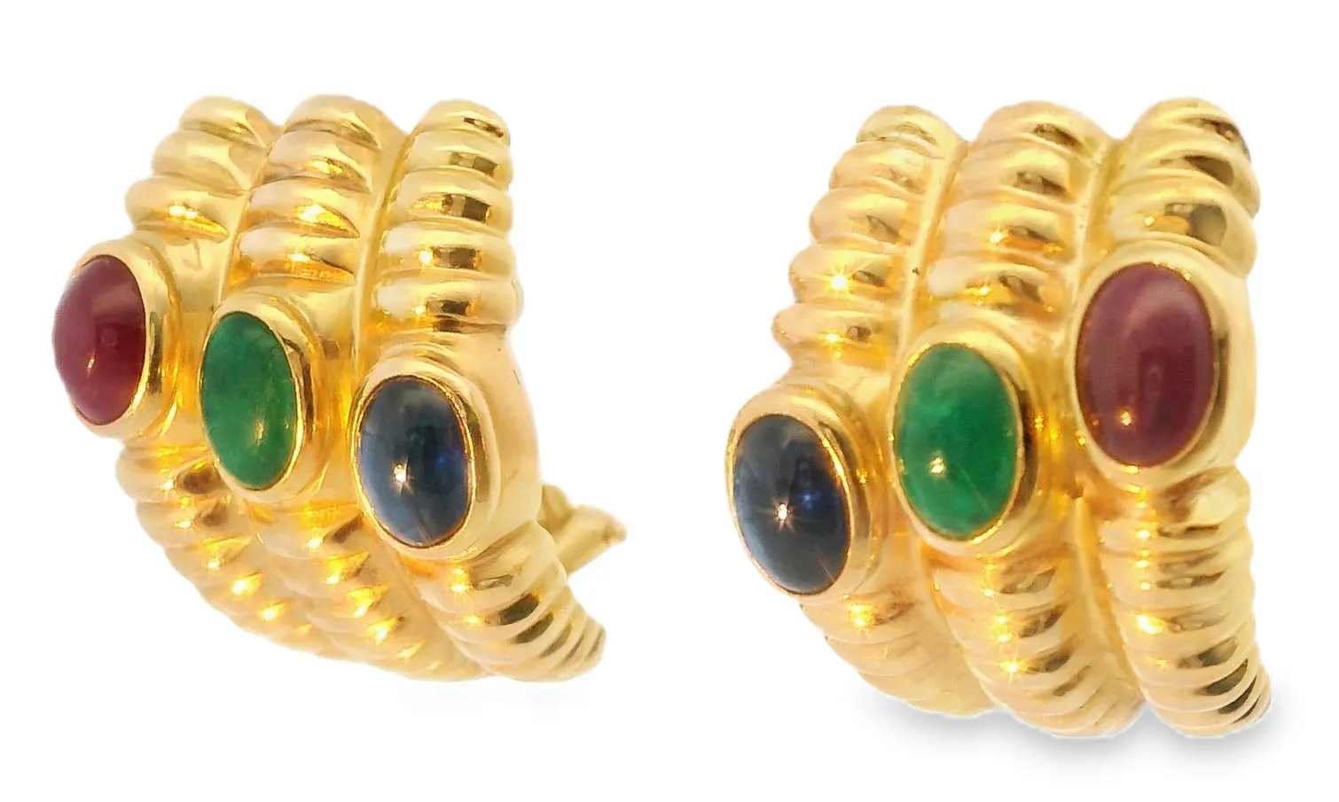 Fabulous 14K Yellow Gold Cabochon Emerald Sapphire Ruby Clip-On Earring