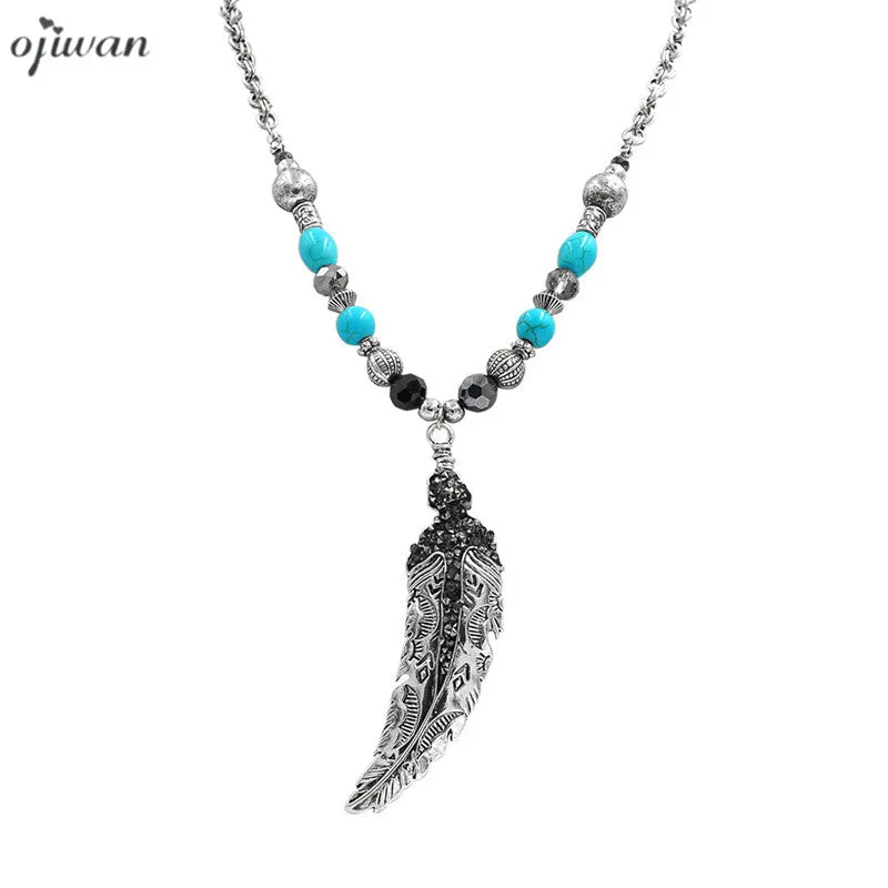Feather Boho Necklace Hippe Ethnic Arrowhead Necklaces For Women Collier Ethnique Indian Native American Jewelry Navajo Cowgirl
